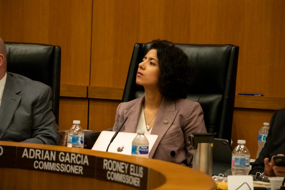 Harris County Judge Lina Hidalgo at a Commissioners Court meeting in February 2020.