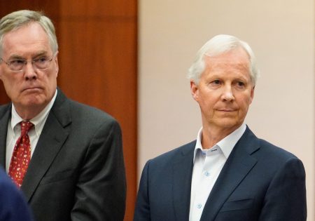 Defense attorney Tim Johnson, left, and Richard Rowe, Arkema CEO, right, are shown during the Arkema Inc. criminal trial at the Harris County Criminal Courthouse.