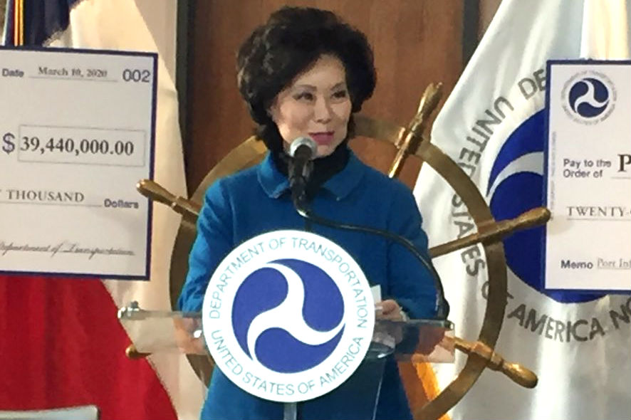 Elaine Cho speaks at a press conference Tuesday, announcing $39 million in funding for two ports in Texas, including the Port of Houston.
