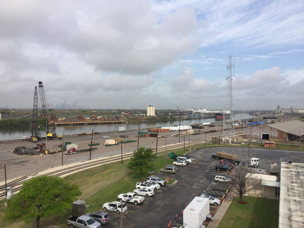 View of the Port of Houston with the downtown skyline in the back.