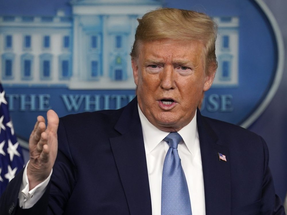 President Trump speaks during a press briefing with the coronavirus task force at the White House on Monday.