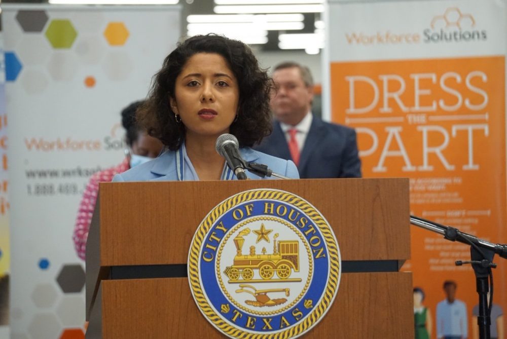 Lina Hidalgo at a press conference Monday. Harris County and the City of Houston announced a program to help essential workers access child care.