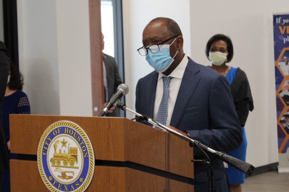 Mayor Sylvester Turner at a press conference Monday, April 6, 2020.