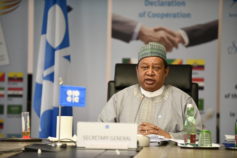 Mohammed Sanusi Barkindo, Secretary General of OPEC, gives opening remarks Friday at the OPEC and non-OPEC Ministerial Meeting, via webinar.