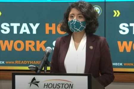 Harris County Judge Lina Hidalgo announces an executive order requiring people to wear facial coverings in public during the coronavirus pandemic.