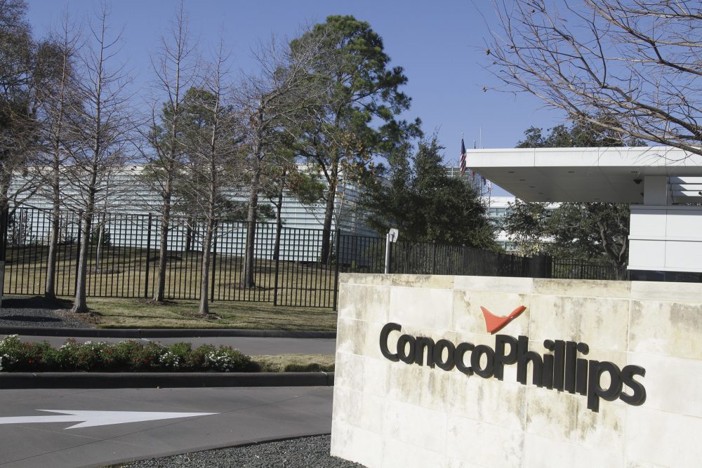 A sign is displayed outside the ConocoPhillips corporate headquarters Tuesday, Jan. 25, 2011, in Houston. (AP Photo/Pat Sullivan)