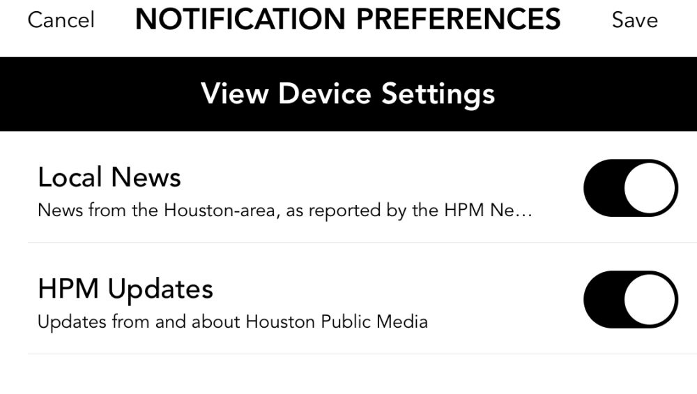 Notification preferences in the Houston Public Media mobile app
