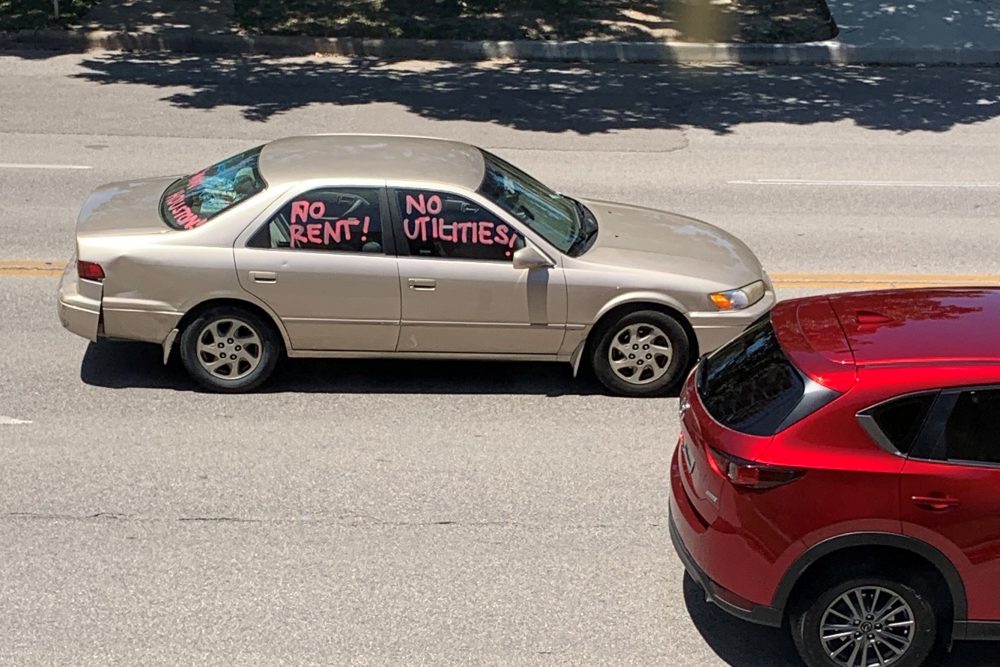 Drivers in Montrose call on Houston to freeze rent, on Friday, May 1, 2020. After a state moratorium on evictions was lifted, Houston became one of the first large cities in the U.S. to start eviction proceedings.