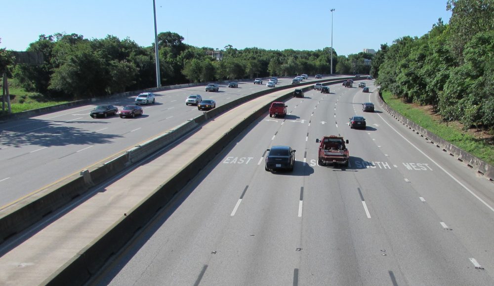 Lighter than usual weekday traffic on I-45 north of downtown Houston. 