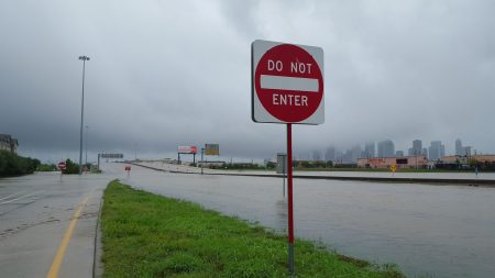 I-10 approaching downtown Houston after Hurricane Harvey.