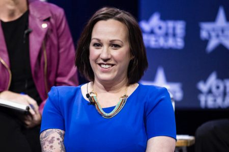 MJ Hegar participates in a debate in February with other candidates running for the Democratic nomination for U.S. Senate.