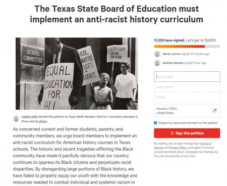 More than 11,000 people have signed an online petition for the Texas State Board of Education to review its social studies standards for textbook publishers.