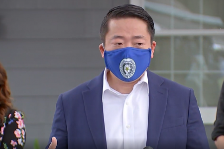 State Rep. Gene Wu, D-Houston, speaks to press outside of 7815 Harding St. on July 2, 2020. Wu said the state legislature would draft legislation in response to an audit of the HPD narcotics division, which came under fire after the deadly Harding Street raid in 2019.