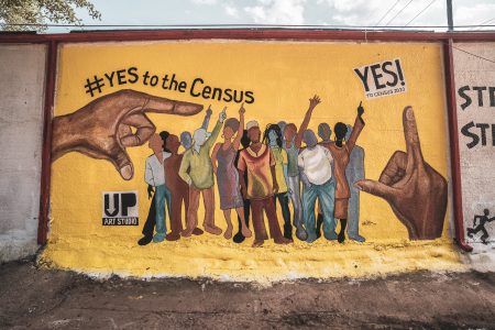 To encourage participation, Houston now has four "Yes! to Census 2020" murals. This one on the side of the High Meadows Library was designed and installed by Colors Oner 713. (June 2020)