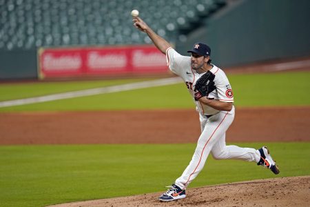 Houston Astros starting pitcher Justin Verlander throws against the Seattle Mariners during the third inning of a baseball game Friday, July 24, 2020, in Houston.