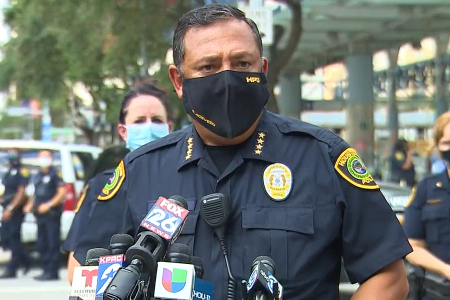 Houston Police Chief Art Acevedo updates the public on a police shooting outside the METRO administrative building in downtown Houston, Aug. 4, 2020.
