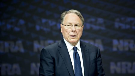 NRA CEO Wayne LaPierre stands on stage at the NRA annual meeting in Dallas, Texas, on May 5, 2018. The New York attorney general announced Thursday she will launch a civil action to dissolve the association.