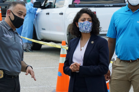Harris County Judge Lina Hidalgo at a pop-up testing locations in West Harris County on June 17, with Harris County Public Health Executive Director Umair A. Shah (left).