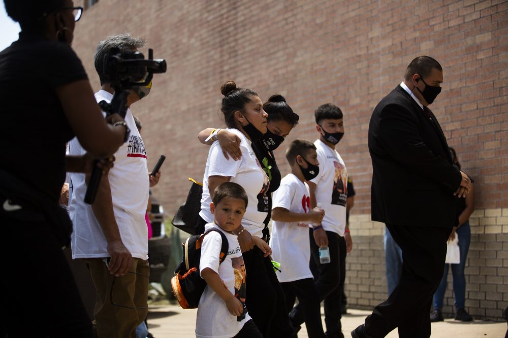 Gloria Guillén accompanied by her children arrives to the Chavez High School to attend a public memorial service for her daughter Army Spec. Vanessa Guillén on Friday, Aug. 14, 2020, in Houston. 