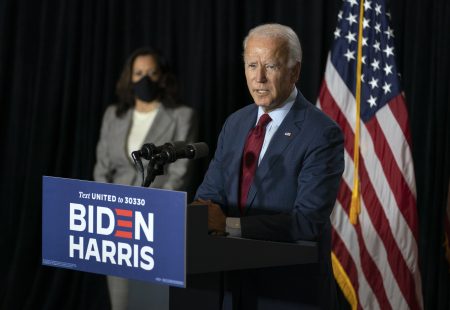 Democratic presidential candidate former Vice President Joe Biden joined by his running mate Sen. Kamala Harris, D-Calif., speaks at the Hotel DuPont in Wilmington, Del., Thursday, Aug. 13, 2020.