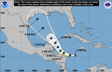 Tropical Depression 14 was forecast to graze the Atlantic coast of Honduras, then curve across Mexico's Yucatan Peninsula and potentially head for Texas or Louisiana coast as a tropical storm by next week, though the track and force that far out remained highly uncertain.