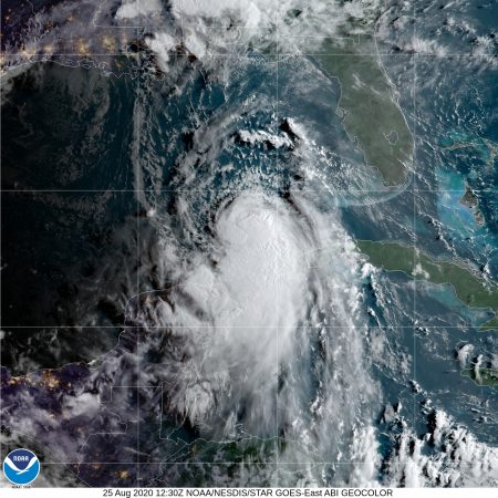 A satellite image of Hurricane Laura over the southeastern Gulf of Mexico.