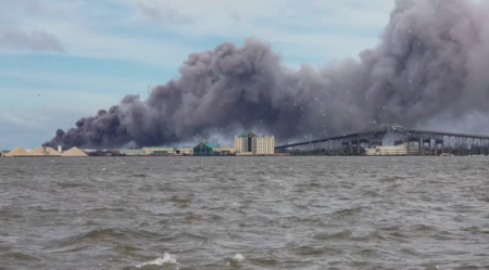 A video posted by the Cajun Navy on Facebook shows smoke rising from a fire in Westlake, Louisiana, in the aftermath of Hurricane Laura. Aug. 27, 2020.