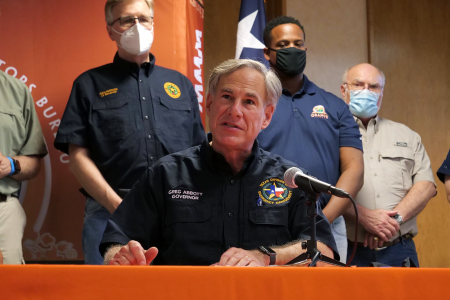 Gov. Greg Abbott during an Aug. 27, 2020 press conference in Orange, Texas. The governor was updating Texans in the aftermath of Hurricane Laura.