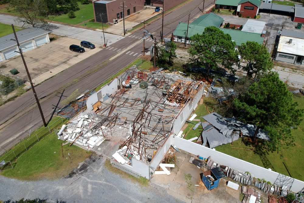 Hurricane Laura blew the roof of a building in Orange, Texas on Aug. 27, 2020.