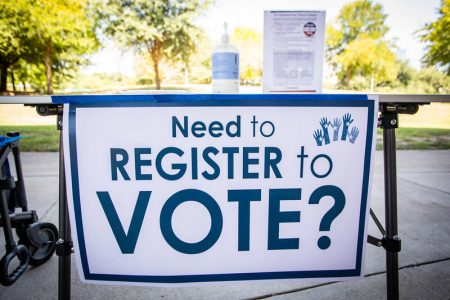 A voter registration table in Austin.