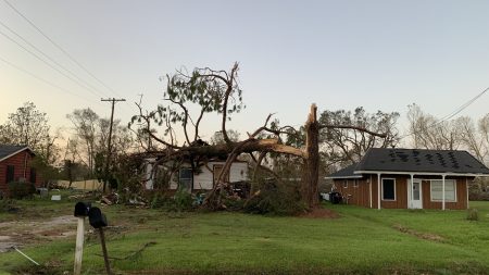 A home near Iowa, La., was crushed by a snapped tree after Hurricane Laura made landfall with 150 mph winds Thursday. The area is facing two disasters at once.