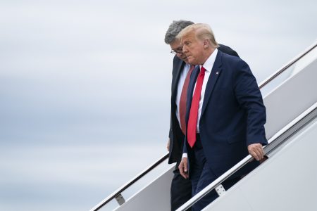 President Donald Trump and Attorney General William Barr arrive at Andrews Air Force Base after a trip to Kenosha, Wis., Tuesday, Sept. 1, 2020, at Andrews Air Force Base, Md.