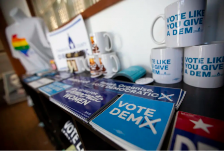 Democratic mugs, stickers and buttons in Texas.