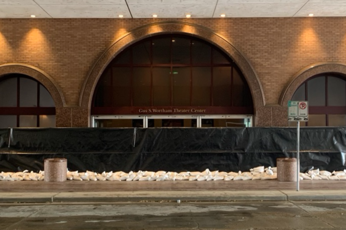 The Wortham Theater Center in downtown Houston prepared for any flooding from Tropical Depression Beta on Tuesday Sept. 22, 2020.