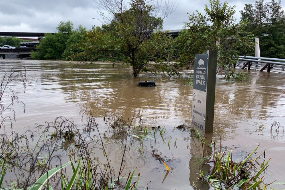 An entrance to the Buffalo Bayou Walk trail is submerged during Tropical Depression Beta, on Sept. 22, 2020.