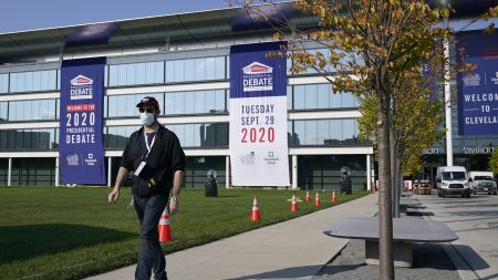 Preparations take place for the first Presidential debate outside the Sheila and Eric Samson Pavilion, Sunday, Sept. 27, 2020, in Cleveland. The first debate between President Donald Trump and Democratic presidential candidate, former Vice President Joe Biden is scheduled to take place Tuesday, Sept. 29.