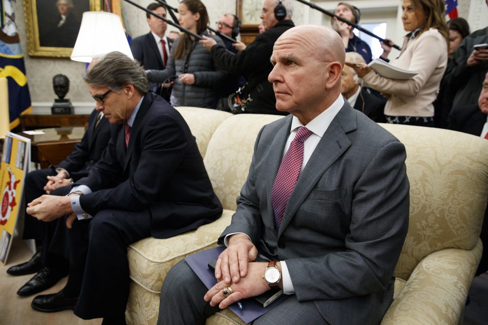 National Security Adviser H.R. McMaster, right, sits with Energy Secretary Rick Perry during a meeting between President Donald Trump and Saudi Crown Prince Mohammed bin Salman in the Oval Office of the White House, Tuesday, March 20, 2018, in Washington.