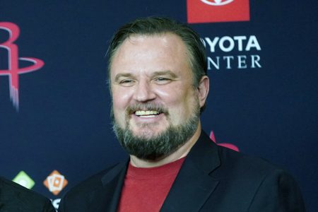 This is a July 26, 2019, file photo showing Houston Rockets General Manager Daryl Morey during an NBA basketball news conference, in Houston. Rockets general manager Daryl Morey is stepping down on his own accord, a person familiar with the decision told The Associated Press. The person spoke on condition of anonymity Thursday, Oct. 15, 2020, because the move hasn’t been announced.