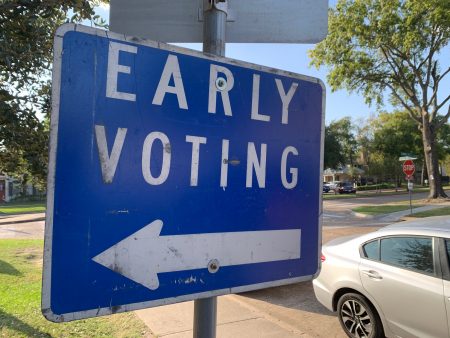 A sign outside an early voting site at Nottingham Park in West Houston, Oct. 15, 2020.
