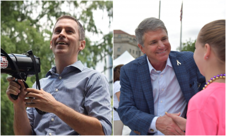 Democrat Mike Siegel, left, is challenging Republican Michael McCaul for a congressional district that stretches from Houston to Austin.