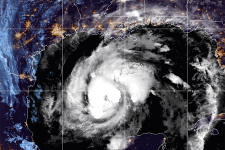 This satellite image provided by the National Oceanic and Atmospheric Administration shows Tropical Storm Zeta, Wednesday, Oct. 28, 2020.
