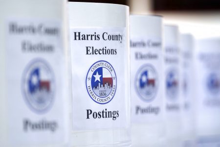 Signs which will be posted at Harris County polling sites are lined up at election headquarters Tuesday, Sept. 29, 2020, in Houston.