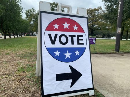 A sign to vote outside the Rice University football stadium, on Oct. 17, 2020.