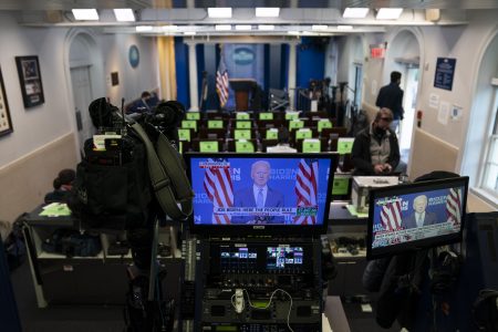 A television in the White House briefing room shows Democratic presidential candidate former Vice President Joe Biden speaking Wednesday, Nov. 4, 2020, in Washington.