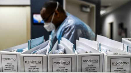 Biotechnology company Moderna protocol files for COVID-19 vaccinations are kept at the Research Centers of America in Hollywood, Florida, on August 13, 2020.