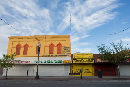 Storefronts in downtown El Paso are shuttered during the the coronavirus pandemic.