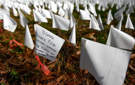 White flags planted by volunteers visualize lives lost in the U.S. to COVID-19 as part of an installation by artist Suzanne Firstenberg in D.C. The death toll has now reached 300,000.
