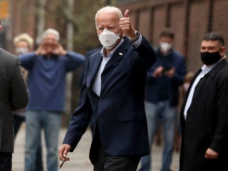 PHILADELPHIA, PENNSYLVANIA - DECEMBER 12: U.S. President-elect Joe Biden gives a thumbs-up as he leaves Pennsylvania Hospital after a follow up appointment at the radiology department December 12, 2020 in Philadelphia, Pennsylvania. According to his transition office, Biden underwent a CT scan which obtained a ‘weight-bearing’ image of his foot after he suffered hairline fractures while playing with his dog on November 28. (Photo by Chip Somodevilla/Getty Images)