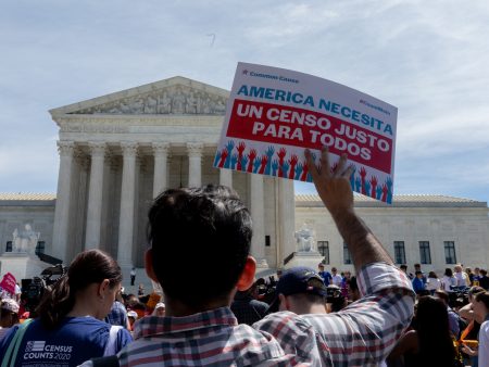 As the Supreme Court justices hear oral arguments over the 2020 census citizenship question, protesters have gathered outside the building in support of a fair and accurate census and demanding to not include the controversial question in the next census. Tuesday, April 23, 2019, Washington, D.C.  (Photo by Aurora Samperio/NurPhoto via Getty Images)