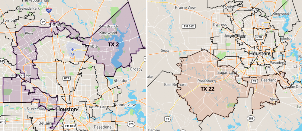 The 2nd and 22nd congressional districts are considered examples of partisan gerrymandering in Texas.